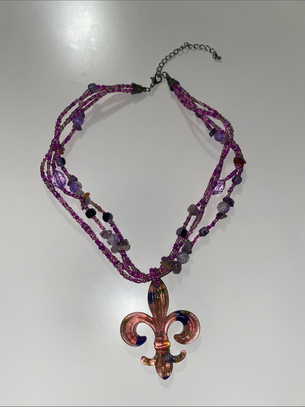 Purple Beaded Multi-Strand Necklace with Fleur-de-Lis Pendant